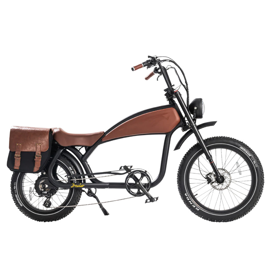 Revi Bikes Prowler, 1000W fat tire electric bike, right-facing and saddle bag on rear rack.