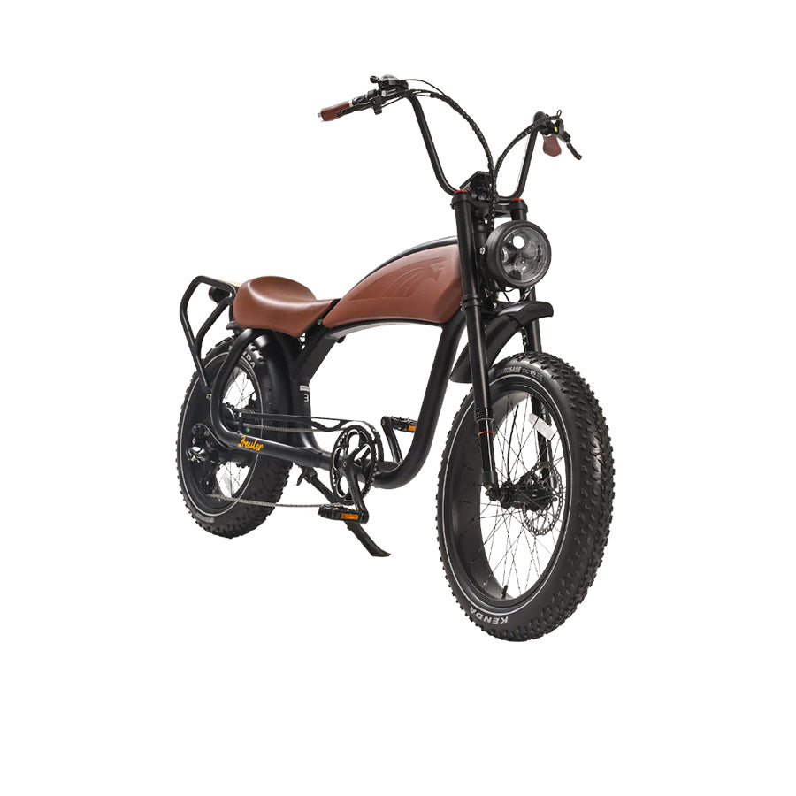 Revi Bikes Prowler, 1000W electric bike with fat tires with kickstand, angled view.