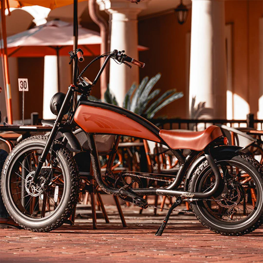 Bike displayed in front of a restaurant garden