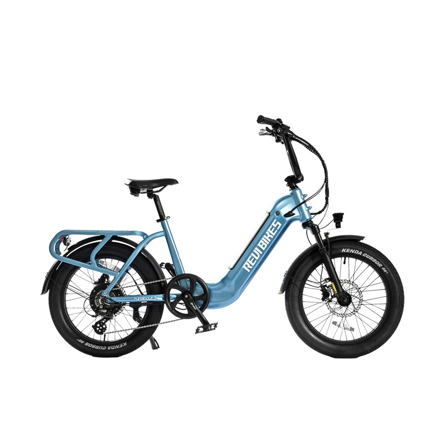 Water Blue Revi Bikes Runabout 2.0, 750W step-through electric bike with fat tires.