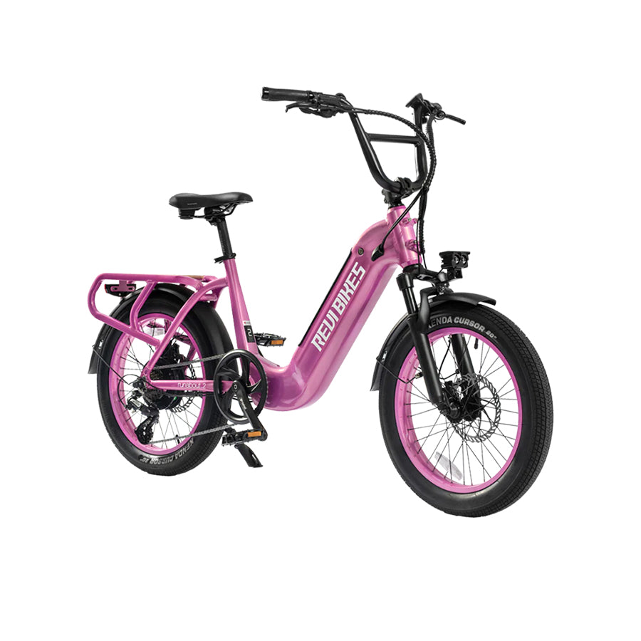 Pink Revi Bikes Runabout 2.0, 750W step-through electric bike, angled view.