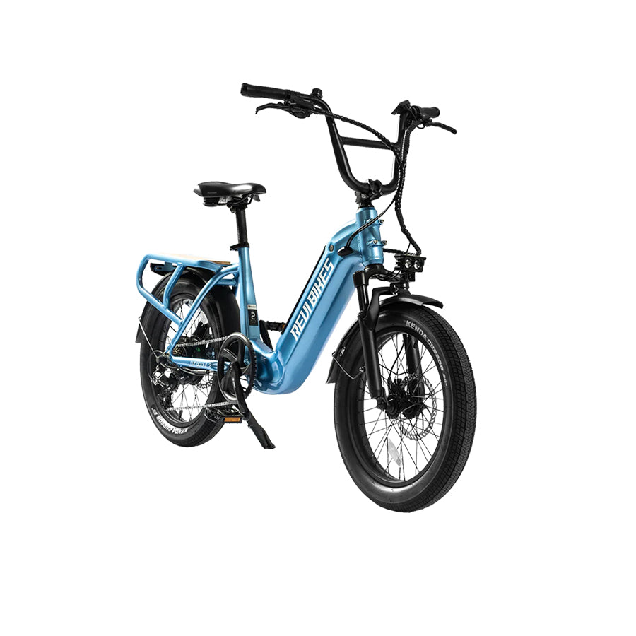 Water Blue Revi Bikes Runabout 2.0, 750W step-through electric bike with fat tires, angled view.