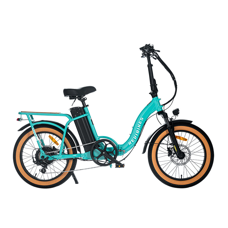 Turquoise Revi Bikes Rebel 2.0, 750W step-through electric bike, right-facing.