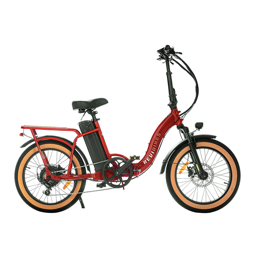 Red Revi Bikes Rebel 2.0, 750W step-through electric bike, right-facing.