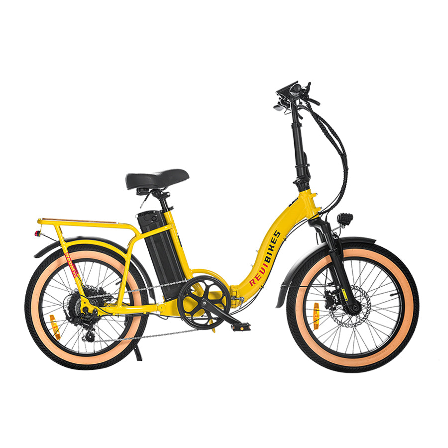 Yellow Revi Bikes Rebel 2.0, 750W step-through electric bike, right-facing.