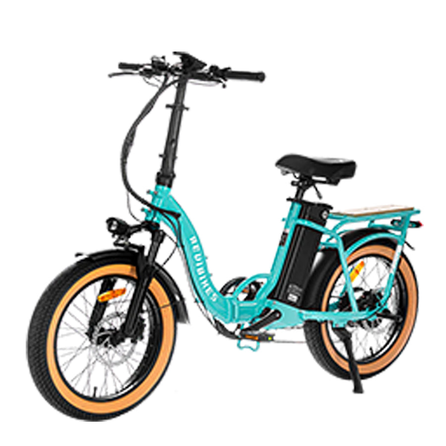 Turquoise Revi Bikes Rebel 2.0, 750W electric bike, angled view.