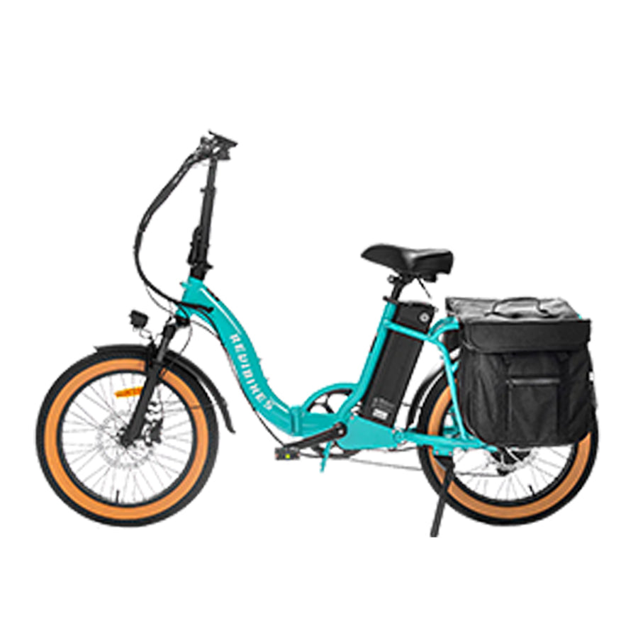 Turquoise Revi Bikes Rebel 2.0, 750W step-through electric bike, left-facing.