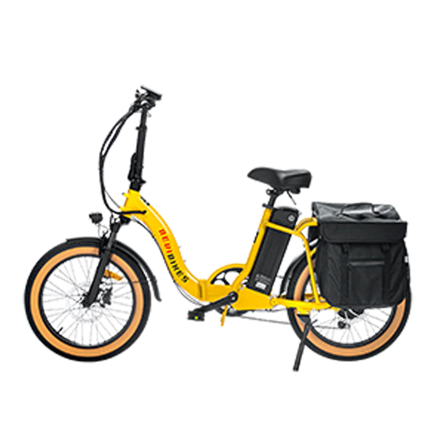 Yellow Revi Bikes Rebel 2.0, 750W step-through electric bike, left-facing.