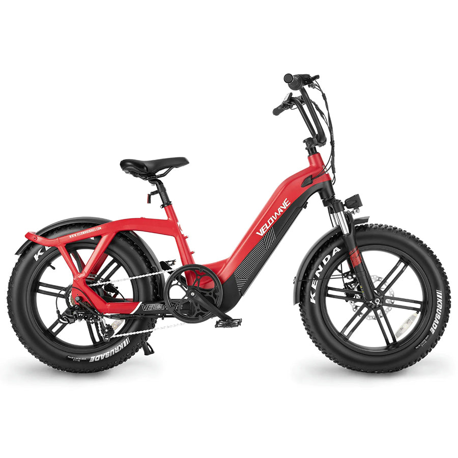 Red Velowave Pony Compact electric bike, step-through design, fat tires.
