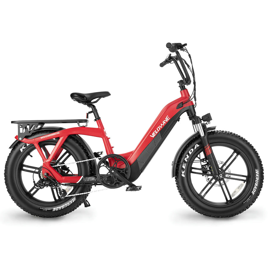 Red Velowave Pony Compact electric bike with rear rack, step-through design.
