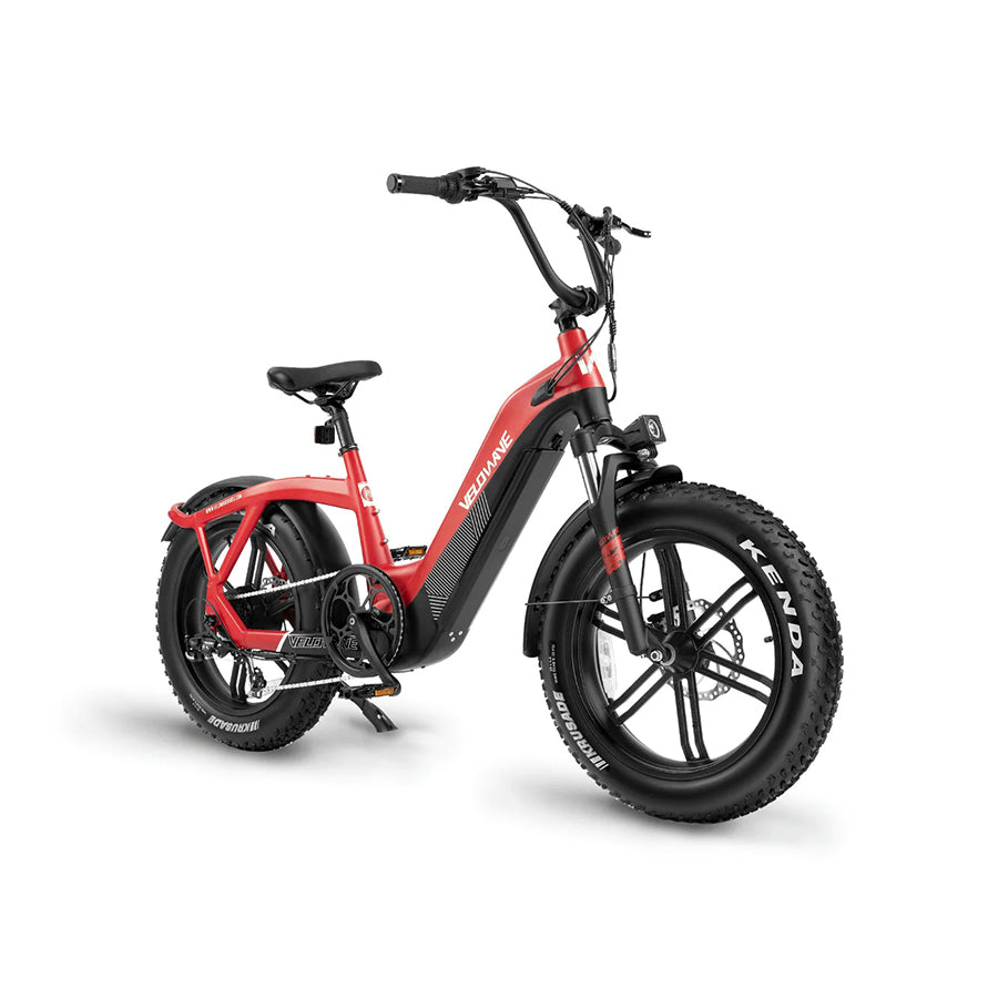 Red Velowave Pony Compact electric bike, angled view, fat tires.