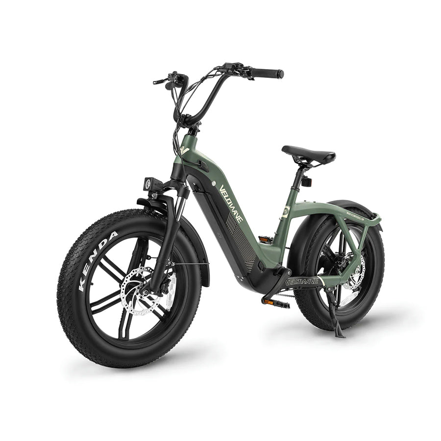 Green Velowave Pony Compact electric bike, front view, fat tires.