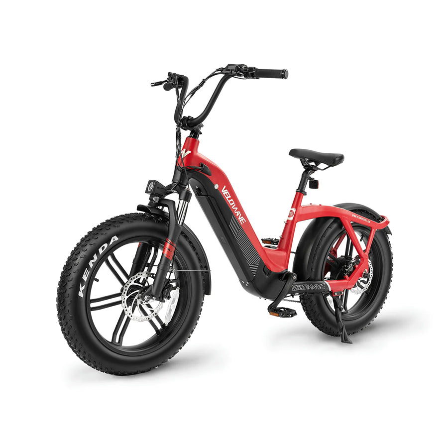 Red Velowave Pony Compact electric bike, front view, fat tires.