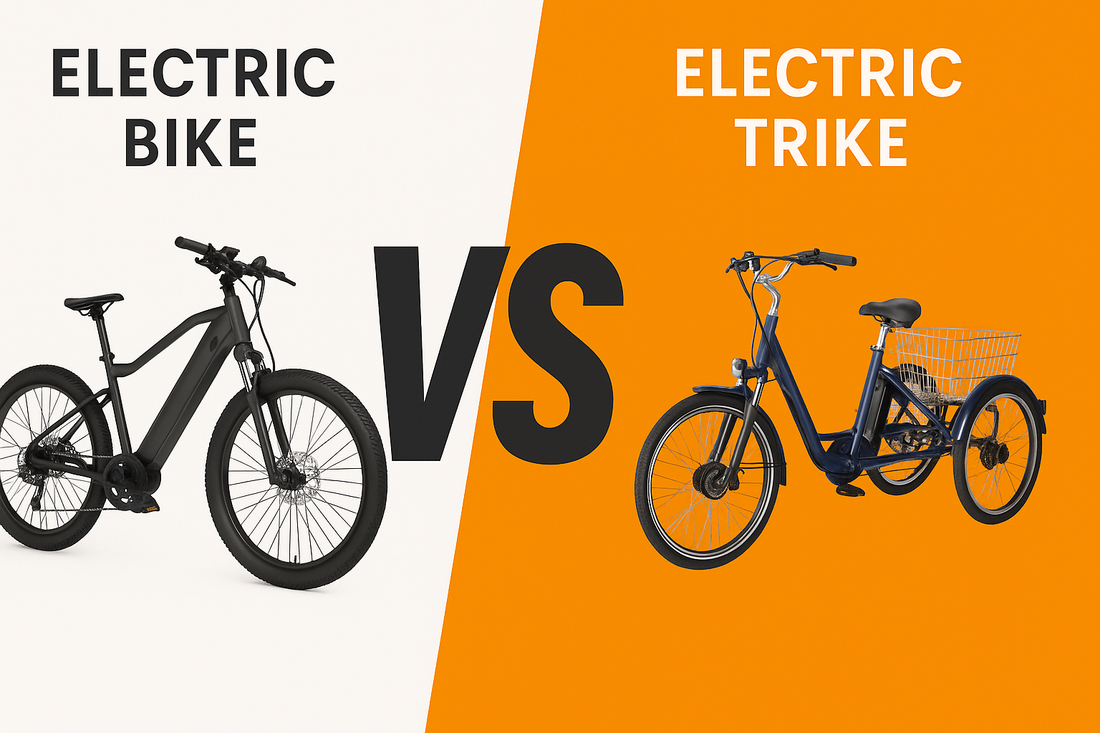Digital comparison graphic showing the key differences between a two-wheel electric bike and a three-wheel electric trike.