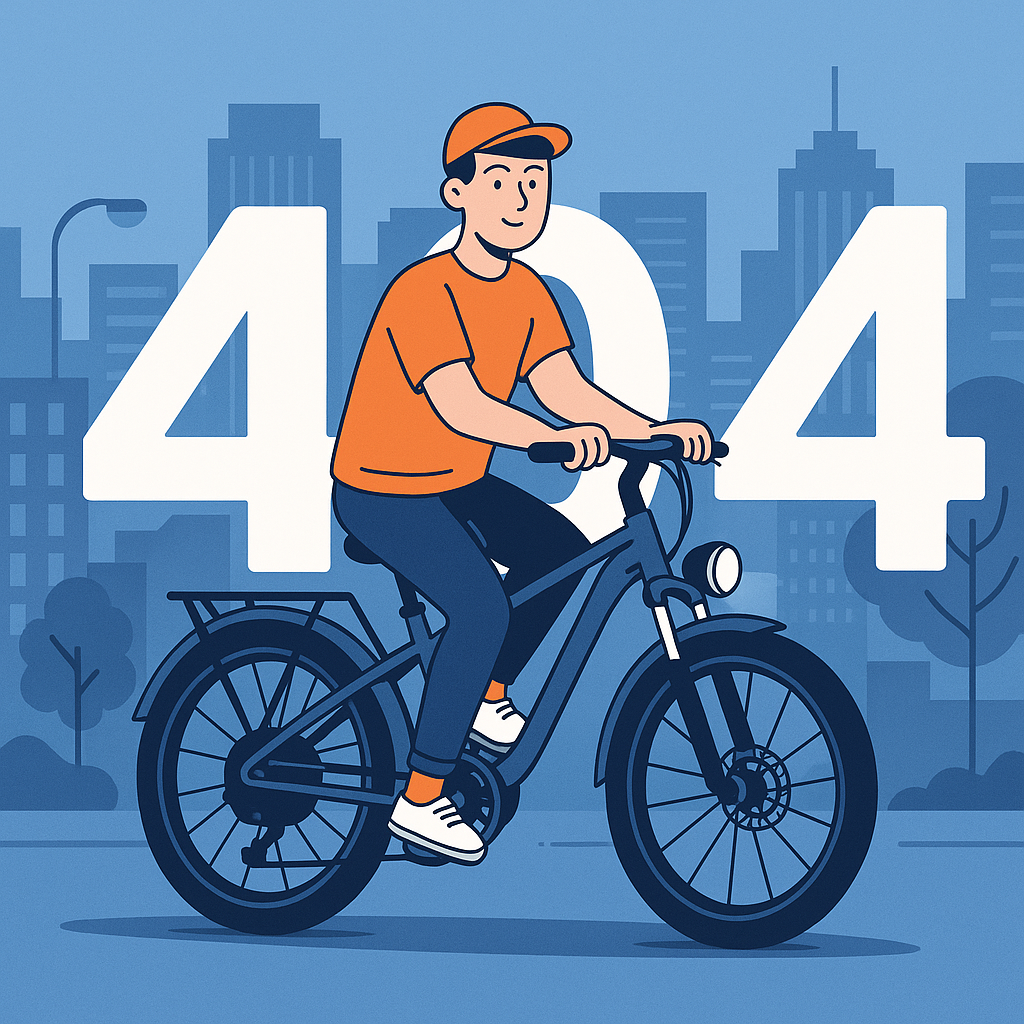 Flat-style illustration of a young professional commuting to work on an electric bike in a city, symbolizing a fun, efficient, and modern way to avoid traffic.”