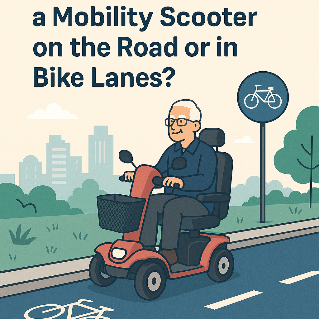 Illustration of a senior man riding a red 4-wheel mobility scooter near a bike lane, with a city skyline and bike lane sign in the background.