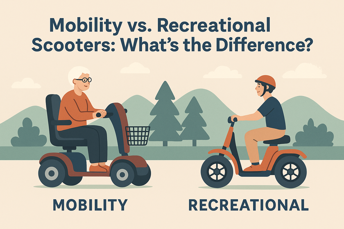 Illustration comparing a 4-wheel mobility scooter for seniors and a 3-wheel recreational scooter for active riders, set in urban and park environments.
