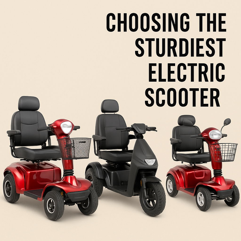 Photo-style image of three mobility scooters—two red 4-wheel models and one black 3-wheel scooter—on a beige background with title text.