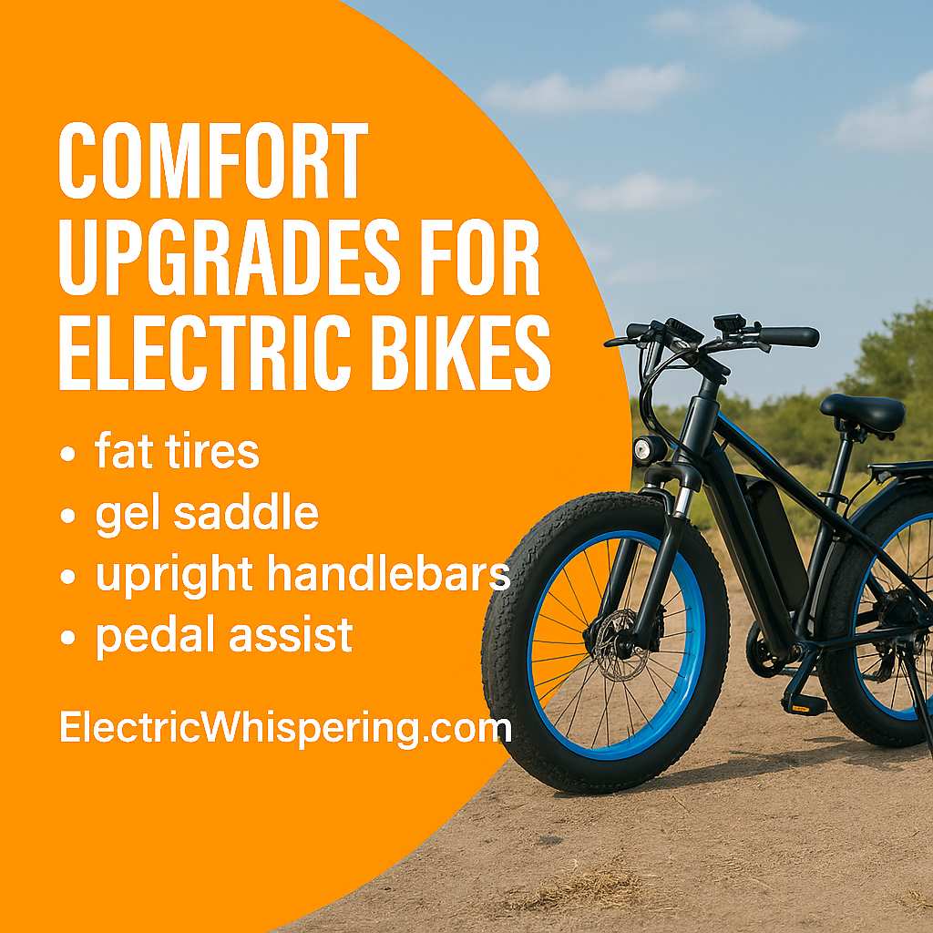 A digital promotional image showing a sleek electric bike with upgraded comfort features, including a cushioned seat, ergonomic handlebars, and wide tires, set against a soft mountain background with text highlighting ride comfort benefits.