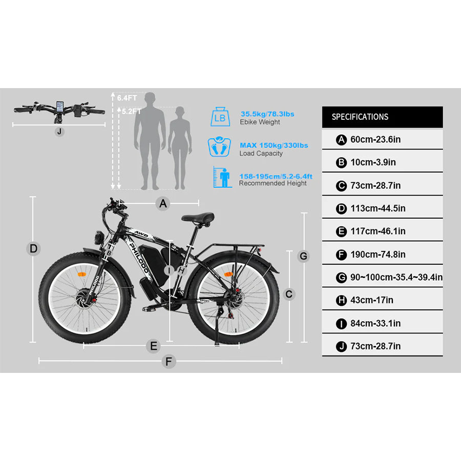 Philodo H8 Dual Motor All-Wheel-Drive Fat Tire “Monster of a Bike” - 2000W Electric Bike